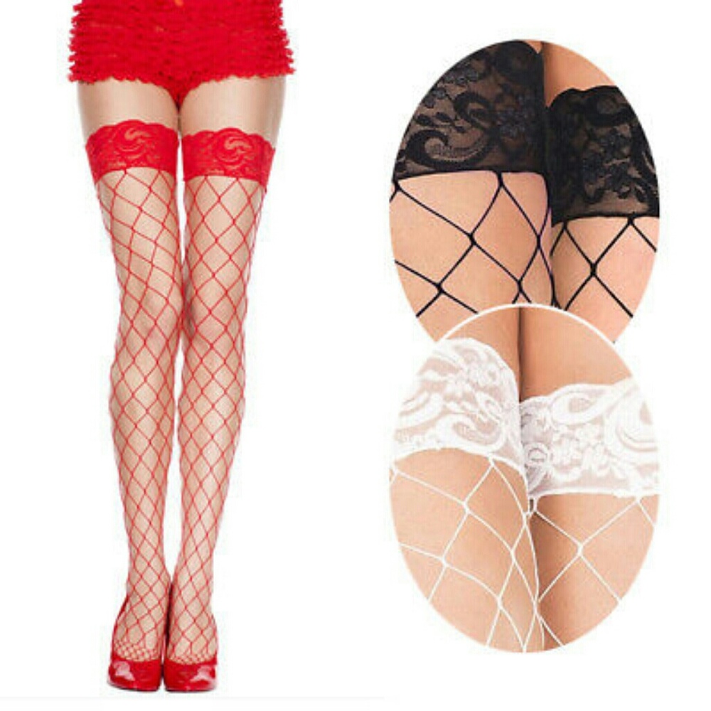 Red fishnet thigh highs